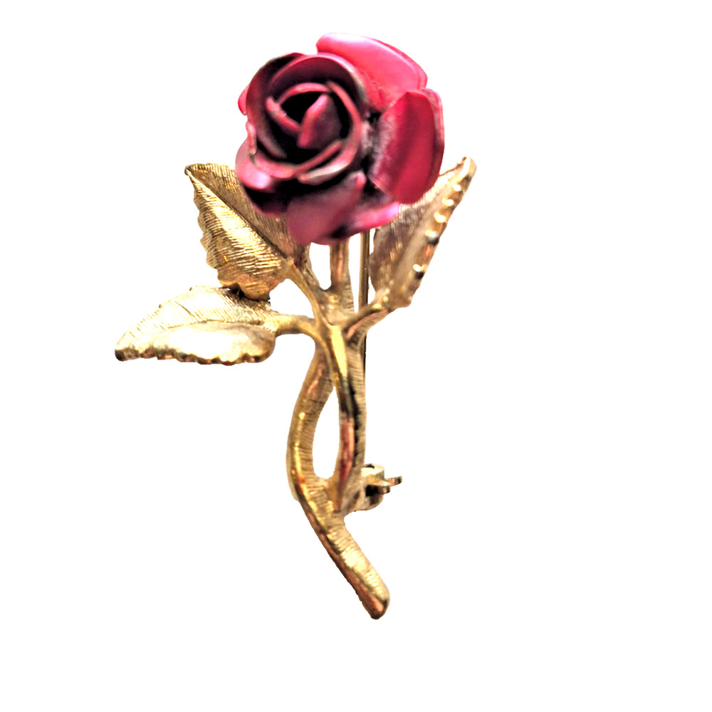 Vtg Red Rose Metal Brooch Pin Gold Tone Stem & Leaves Lapel Jewelry Estate